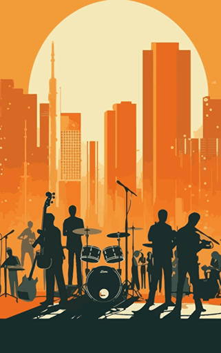 simple vector design of a band performing on the big stage in the city, sunny bright day