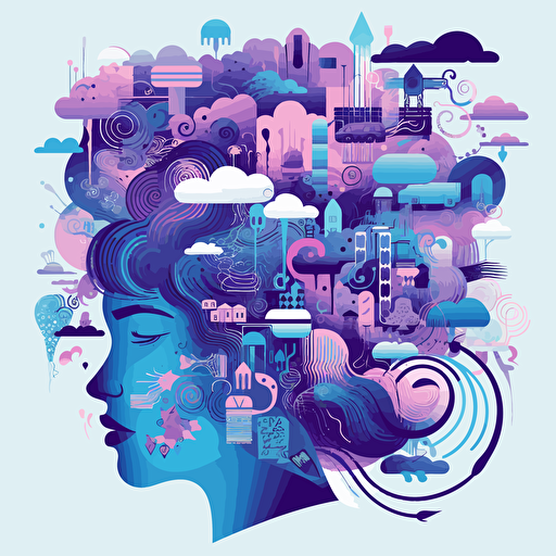 brainstorming illustration, vector style, blues and purples