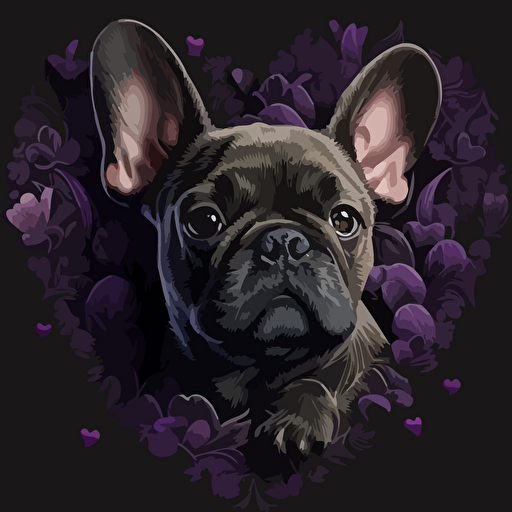 a head of a dark french bulldog puppy surrounded by purple hearts , super detailed, vector