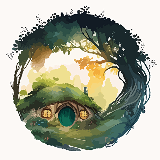 vector illustration by studio ghibli, the shire, hobbit home porch, amazing views, watercolor style