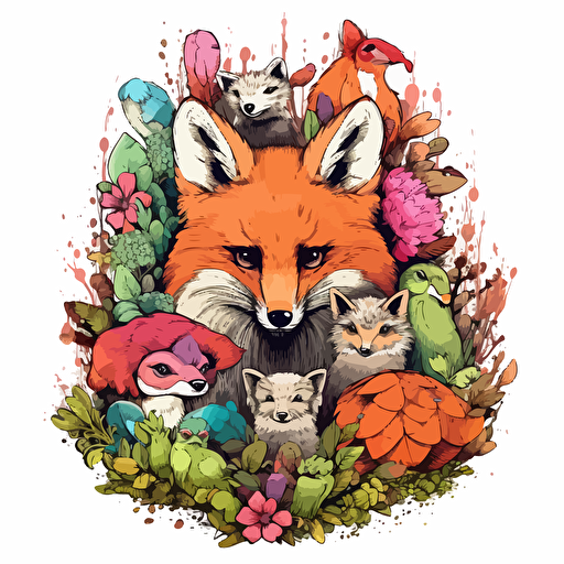 airycore furry woodland animals with a surrounding floral design in detailed drawing style + simple vector + bright colors on a white background