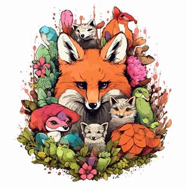 airycore furry woodland animals with a surrounding floral design in detailed drawing style + simple vector + bright colors on a white background
