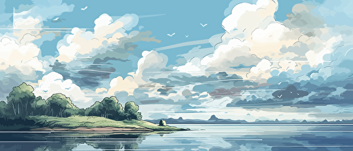 nice calm weather, water color landscape paiting style, few clouds, horizonline, low angle, vector illustration style