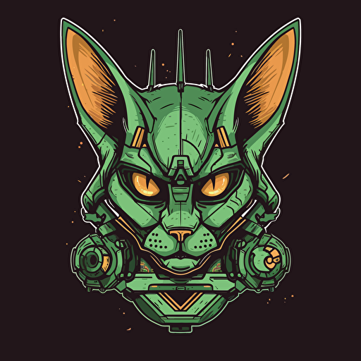 Logo, Menacing, Alien Mecha Cat, Sphynx, Robotic, War Helmet, Green Eyes, Big Ears, Triangle Base, Vector Style,