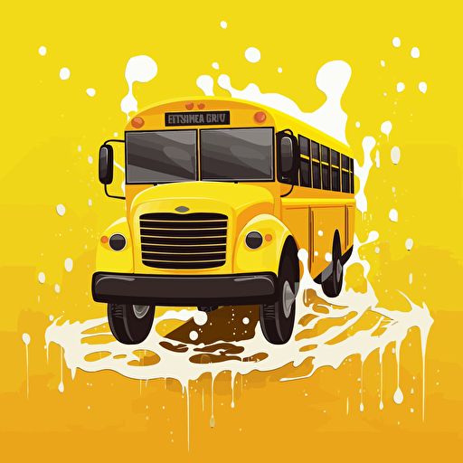 cartoony school bus over a splashy puddle of yellow liquid, logo, vector art