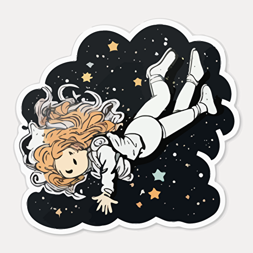 Girl floating in space, Sticker ,stars, Relaxed, Dark colours, Anime, Contour, Vector, White background, Detailed