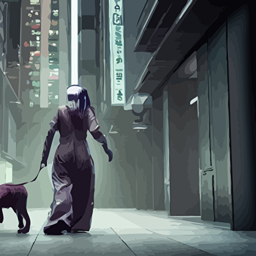 lenght view contamporary art photography ultra mega super hyper realistic girl walking dog photo leica q2 camera rendered vray davinci resolve maxwell lumion 3d volumetric natural light wearing cyberpunk suit details hiromasa ogura rendered vray davinci resolve maxwell lumion 3d volumetric natural light