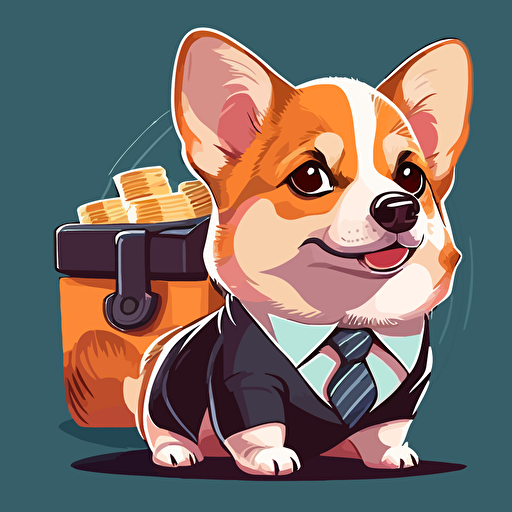corgi illustration vector cute wearing suit and tie holding a piggy bank