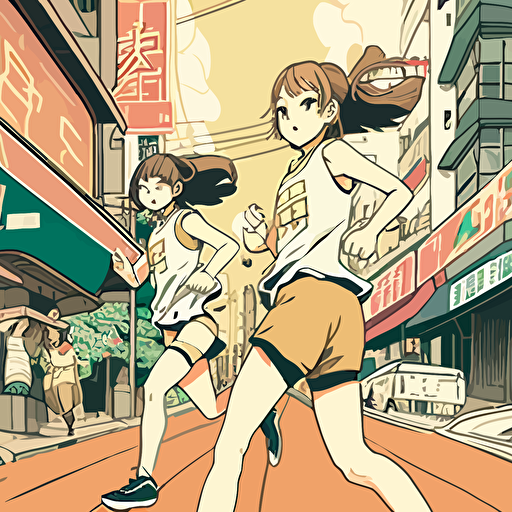 an anime vector of two girls running through Japanese city scape with Japanese writing in the background