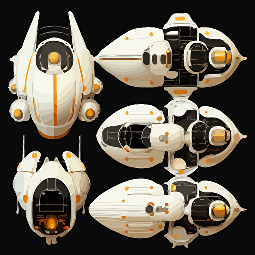 orange and white space ships on black background, top-down view, clean, simple, no shadows, vector