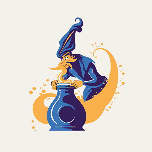 vector logo of a genie coming out of a genie bottle, with a broom in its hands