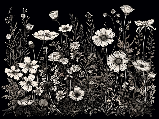 blooming wildflowers vector, white on black background,