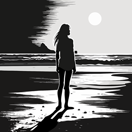 black and white, vector drawing, minimal design, illustrator, girl standing in beach looking sunset