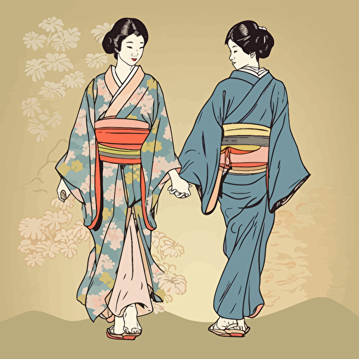 couple holding hands, vector art, editorial illustration, Japanese Ukiyo-e prints