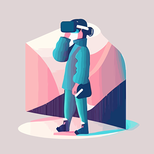 vector illustration, person in vr glasses, unsaturated muted blue-pink palette, white background