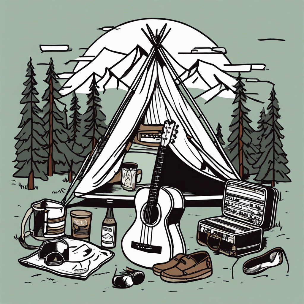 Camping gear setup with a tent, a campfire, and a guitar, illustration in the style of Matt Blease, illustration, flat, simple, vector