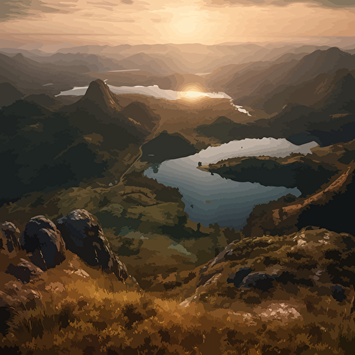 As the sun slowly rises over the eastern horizon, the serene landscape of three hills and a tranquil lake below comes into view. Each hill is taller than the last, creating a stunning gradient of heights. A magnificent Geranoaetus melanoleucus, soars majestically overhead, surveying the vast expanse below. The scene is still somewhat dark, but the first rays of sunshine illuminate the edges of the hills and begin to brighten the sky. In the topmost part of the image, the moon is visible, a ghostly presence in the daytime sky. Surrounding the lake are numerous weeping willows, their delicate branches swaying in the light breeze, illustration design vector, vector art, illustration colorful