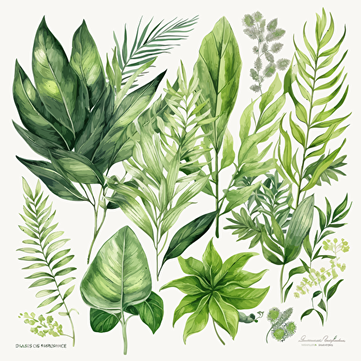 Create a high-quality PNG Vector art featuring an exquisite arrangement of botanics and leaves in various shades of green, with intricate details that highlight the natural beauty of the plants, the artwork should have a white background that accentuates the freshness and vibrancy of the leaves. The style should be botanical illustration, executed in watercolor on paper, with a focus on the texture and luminosity of the watercolor pigments. The image's environment should be a bright and sunny meadow with gentle grasses, and a light breeze that delicately moves the plants, evoking a sense of peacefulness and tranquility.