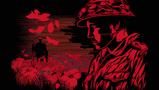 australian soldier and red poppy, moody and dramatic, minimalist, vector, contour