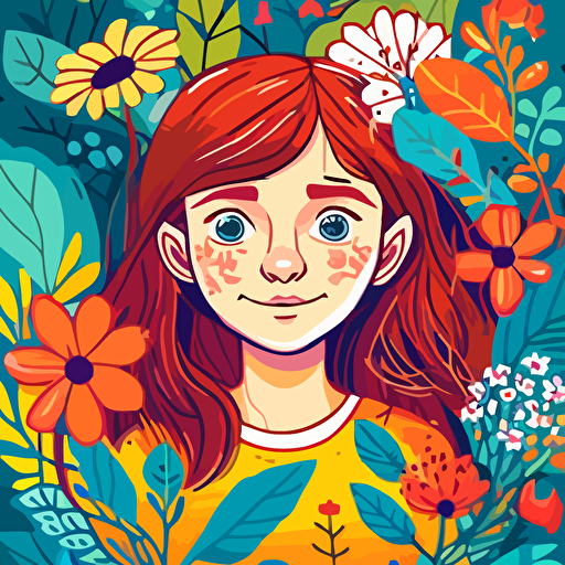 a happy young girl with big brown eyes and freckles who has a stunning colourful garden growing from her brain. vector style