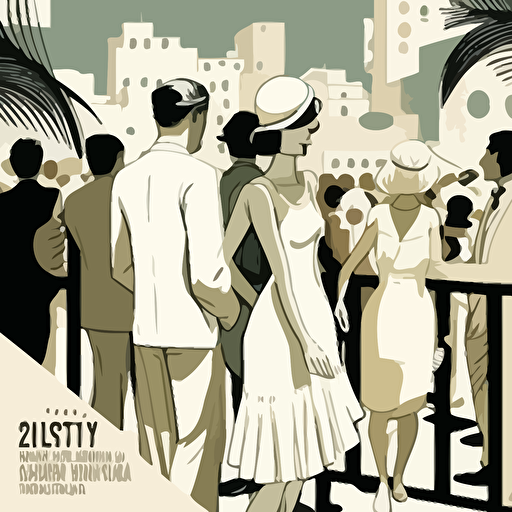 1920's advertisement summer party on a rooftop terrace in barcelona where people are all dressed in white, art deco, vector, minimalistic