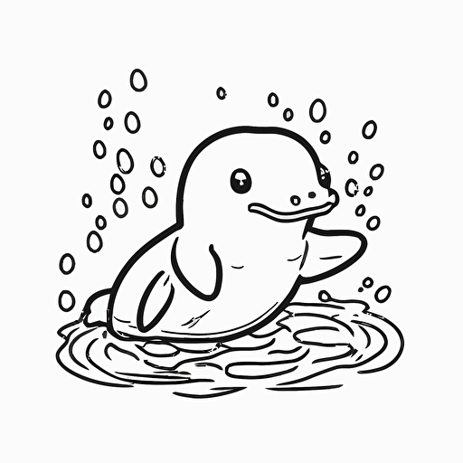 platypus in cartoon style, kids coloring page, simple line work, black and white no shadow, flat simple vector illustraion, cute and happy platypus with blush, smily face, in the water