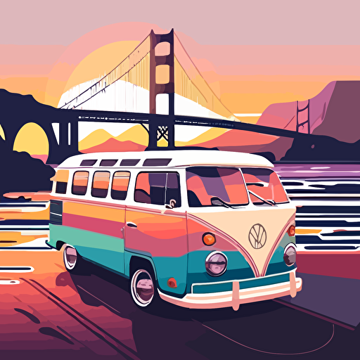 Minimalistic, Vector volkswagen bus T2 1978, bulli, kombi, combi, front angle, Pop art deco noveau, flat 2d vector design, pastels, landscape art, nature, city skyline with rivers and bridges and rolling hills, sunrise, volumetric, Natural color scheme, Digital art, Flat, Opaque colors, Octane render, Volumetric lighting, Clean linework, Muted color palette, Hard shadows, Kilian Eng