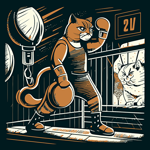 The cat is boxing in the fitness gym. Illustration in vector, clear tones.
