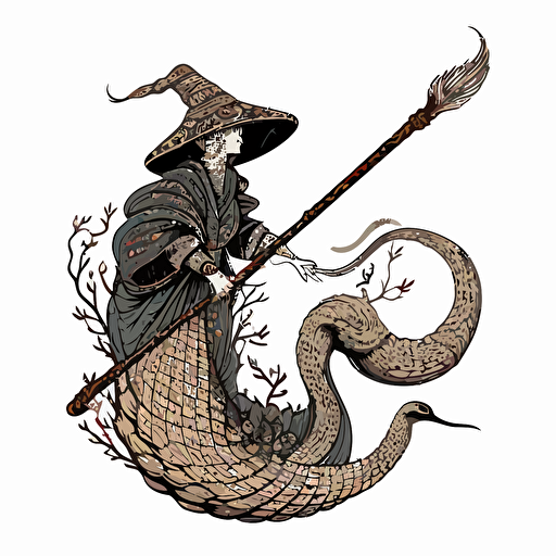 a witch riding a three headed king cobra like a broom stick, Sticker, Dark, Folk Art, Contour, Vector, White Background, Detailed