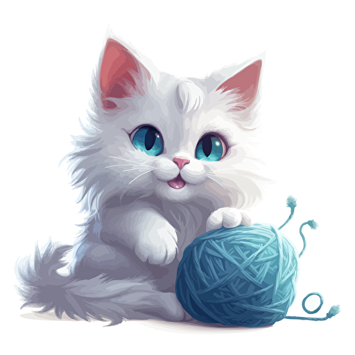 an adorable turkish angora cat with sky blue eyes playing with a ball of yarn and snarling, vector art