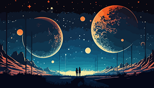 night sky with huge planets,wide angle,comic,anime style,vector,
