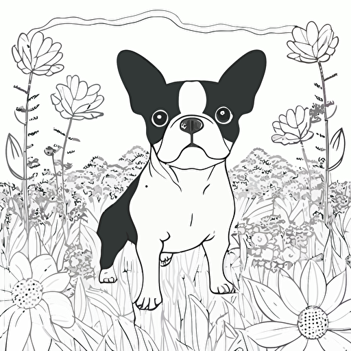 Happy cute boston terrier, big cute eyes, simple outline and shapes, coloring page black and white comic book flat vector, white background, sharp contours, strong line, landscape background, flower field background