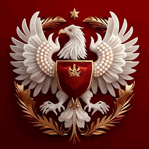 modern, detailed, vector symbol of white eagle with golden crown on red background