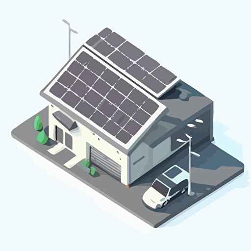 simple vector drawing, single color car repair shop with photovoltaic panels on the roof, white background, isometric view