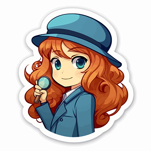 Sticker, Happy Colorful female Sherlock Holmes, long red hair, blue eyes, kawaii, contour, vector, white background