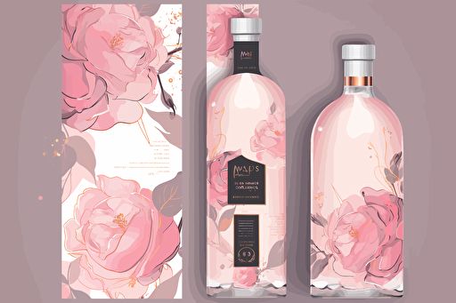 alcohol brand bottle vectorized sales sheet design layout, full resolution, pink white, pink rose petals , illustrator