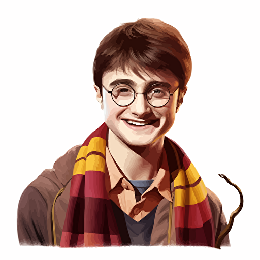 young Daniel Radcliffe as young Harry Potter, smiling at the camera with his round glasses, wearing a Gryffindor scarf and holding his wand in his hand, white background , vector, digital art, 100*100 resolution