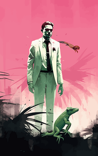 flat vector book cover design by martin stranka showing painted wallpaper hawaii background to a pink anthropomorphic gecko salesman wearing a battered worn suit
