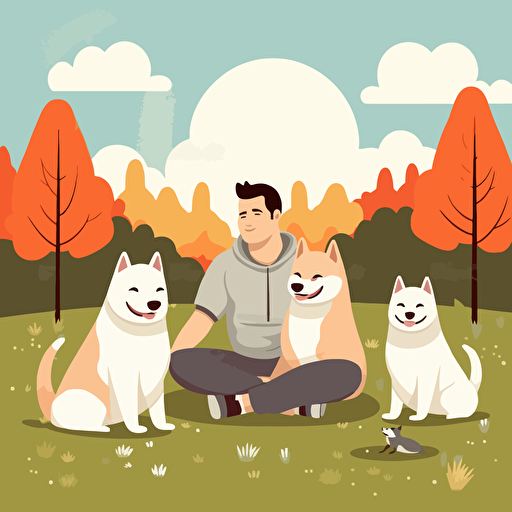 man sitting on grass with three akita-inu dogs, beautiful background, cartoon, vector style, cute, colorful