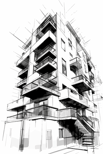 black and white architectural drawing, vector, white background