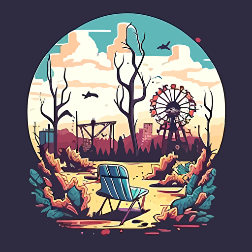 a view of a abandoned city in the background, set from vacant woods in the foreground with a chair facing the foreground, shrubs, trees, dead roses, clouds, broken carnival rides in the distance illustration, drawing, flat illustration, vector style