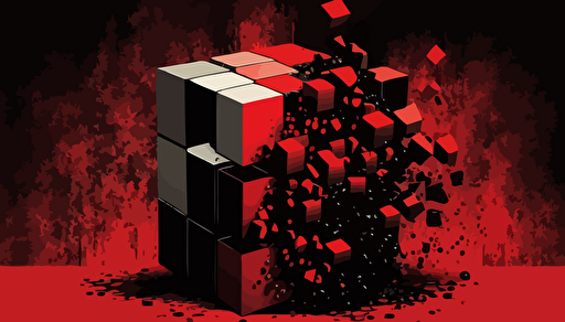 minimalist, vectorized, red and black colors, print layer , delicacy, elegant, one big cube morphing to several smaller cubes