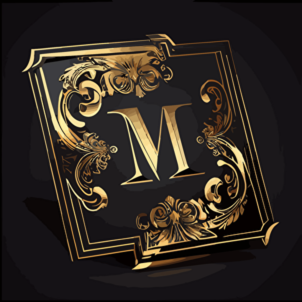 rettangular business card logo, gold ghotic letter M, black background, dark ornamental style, vector, ultra definition