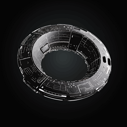ring shaped spaceship on black background, 2d vector, gray tones