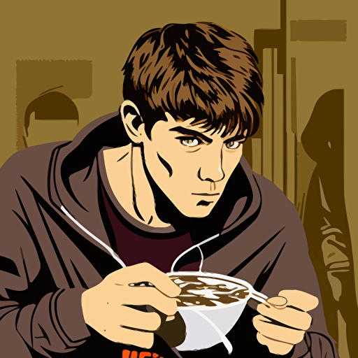 grand theft auto san andreas style of a young man with short brown hair and serious face expression staning on the center of playground and eating cereals with spoon from bowl, san andreas gta style, vector, hd