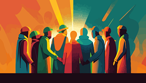 vector art, subtly, yet richly colored animated people, group, praying together, sunny background