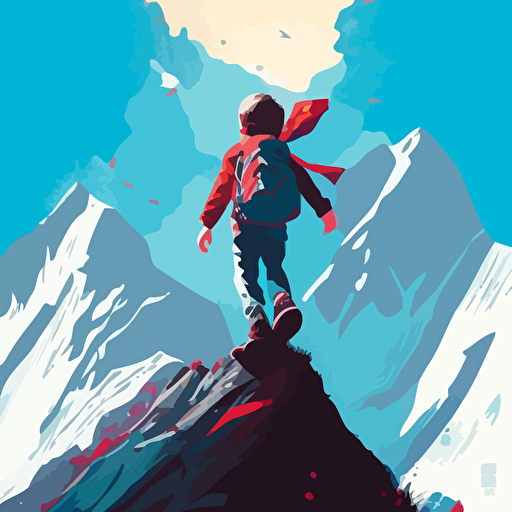 light blue red flat vector illustration with transparent background:: young boy climbs mountain peak:: sunny day