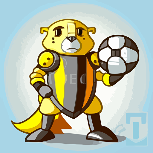 logo, yellow gopher holding a soccerball in a suit of armor, cartoon style, vector, no background