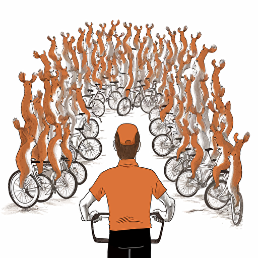 vector design from behind a squirrel, arms raised, looking out at a crowd of other squirrels and bicycles, white background, bicycle rim border, syracuse ny setting, hd, pixar style,