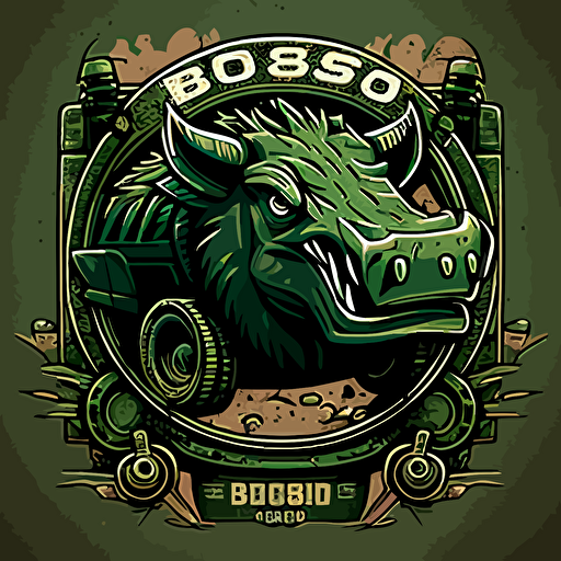 Captured in vivid vector art, the Bosco company's emblem showcases a charismatic warthog. The side shot of the creature reveals friendly, cartoonish eyes that exude a focused determination. As it flashes a wry smile, the warthog is encircled by a simple, circular tire that appears to be burning rubber. The 2D design is both simple and appealing, with the cartoon-style warthog perfectly encapsulating the company's spirit. This inventive logo offers a unique combination of warmth and ambition, drawing the viewer in with its captivating details.